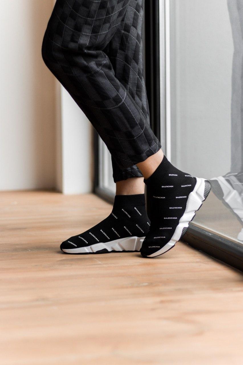 Balenciaga Speed Trainer Black White Many Logo