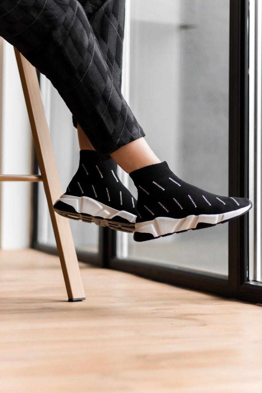 Balenciaga Speed Trainer Black White Many Logo