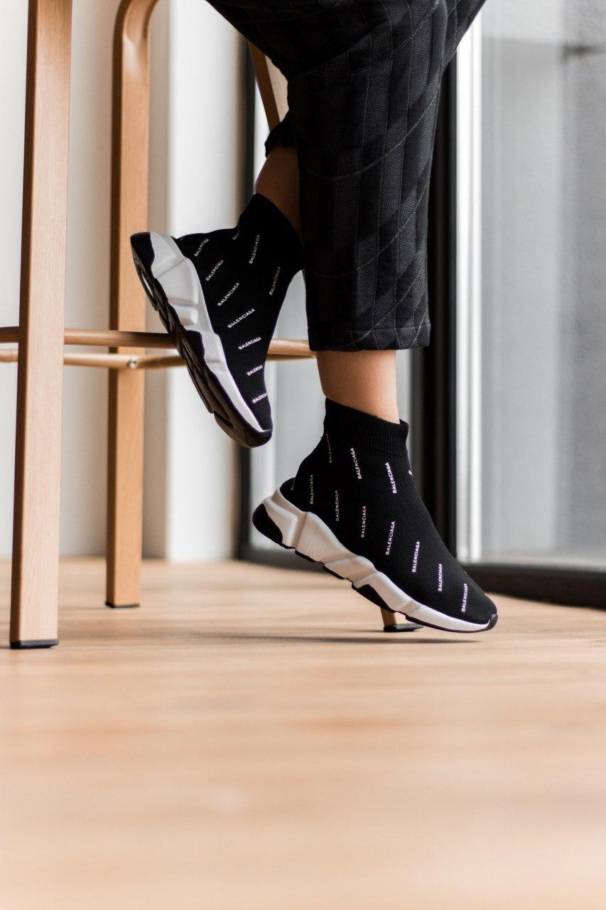 Balenciaga Speed Trainer Black White Many Logo