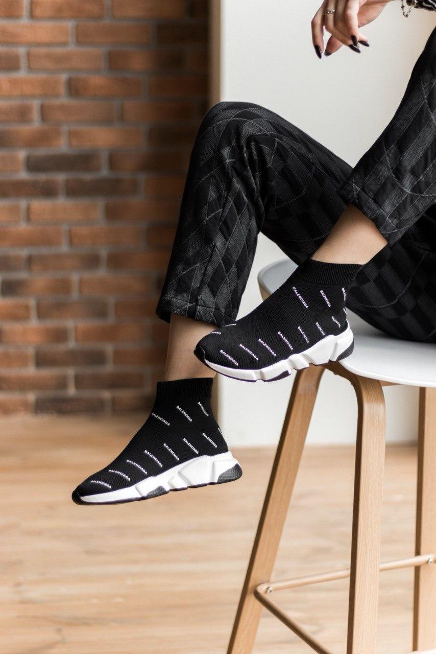 Balenciaga Speed Trainer Black White Many Logo