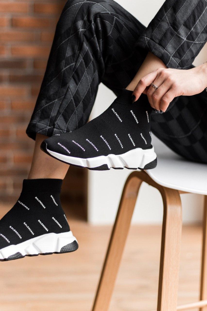 Balenciaga Speed Trainer Black White Many Logo