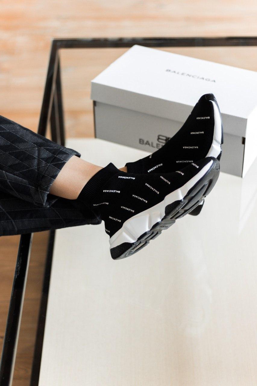 Balenciaga Speed Trainer Black White Many Logo