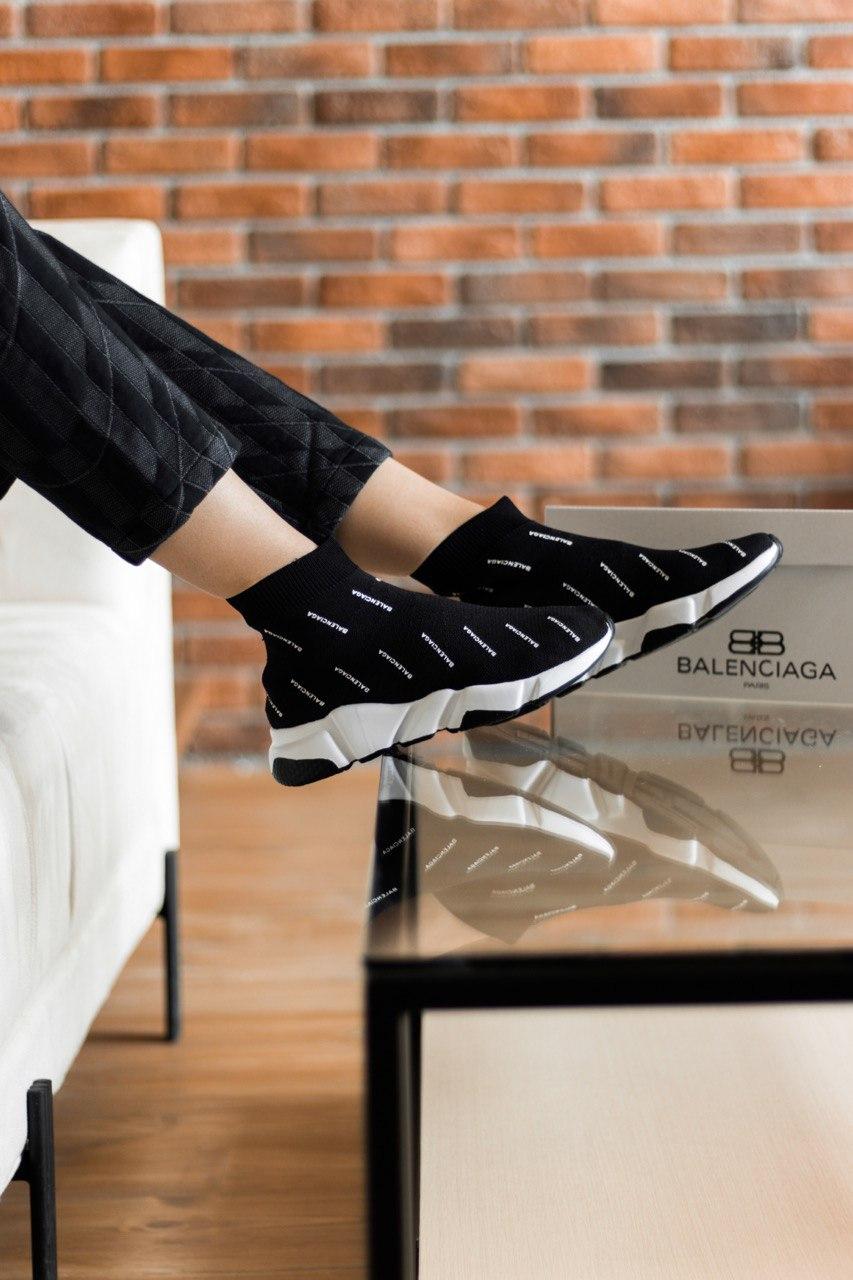 Balenciaga Speed Trainer Black White Many Logo