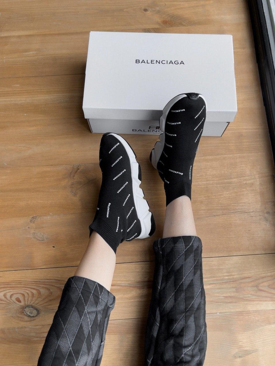 Balenciaga Speed Trainer Black White Many Logo