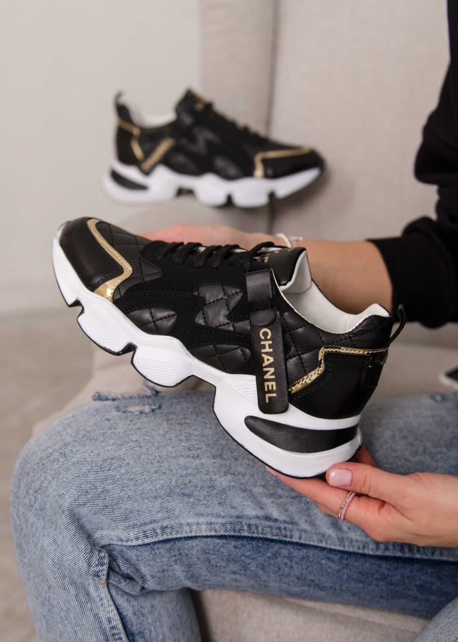 Chanel Sneakers Black White Gold