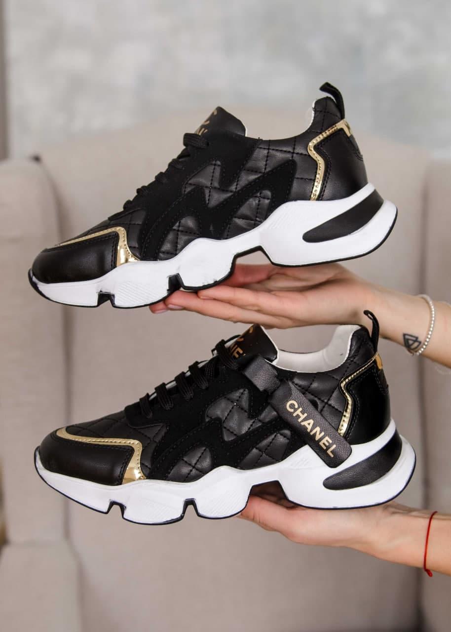 Chanel Sneakers Black White Gold