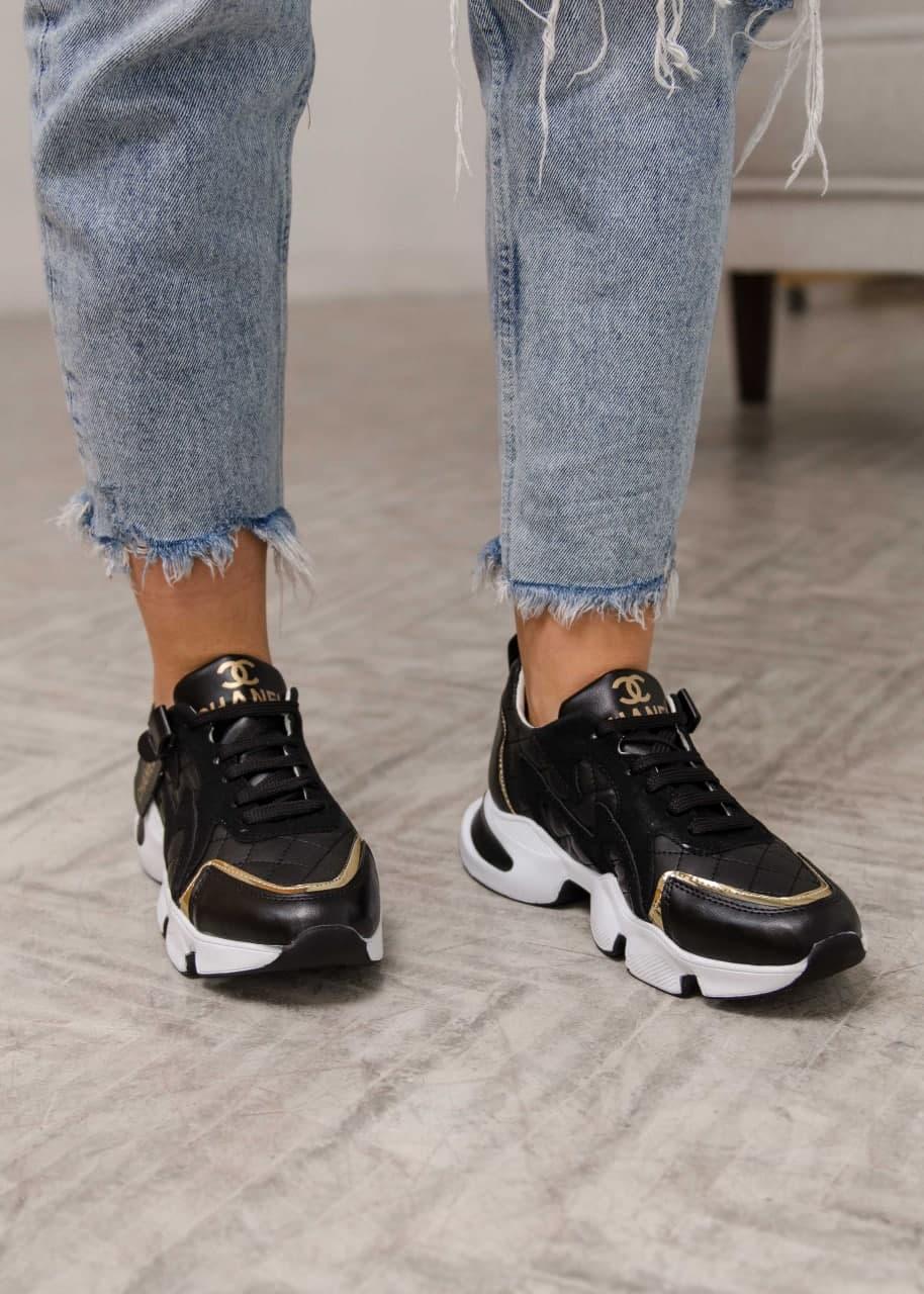 Chanel Sneakers Black White Gold