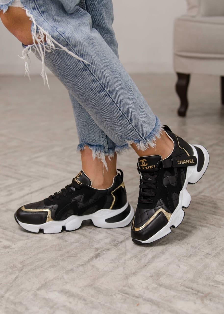 Chanel Sneakers Black White Gold