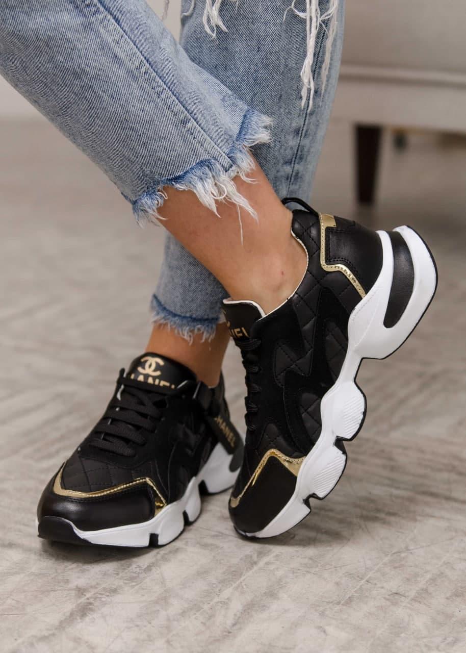 Chanel Sneakers Black White Gold