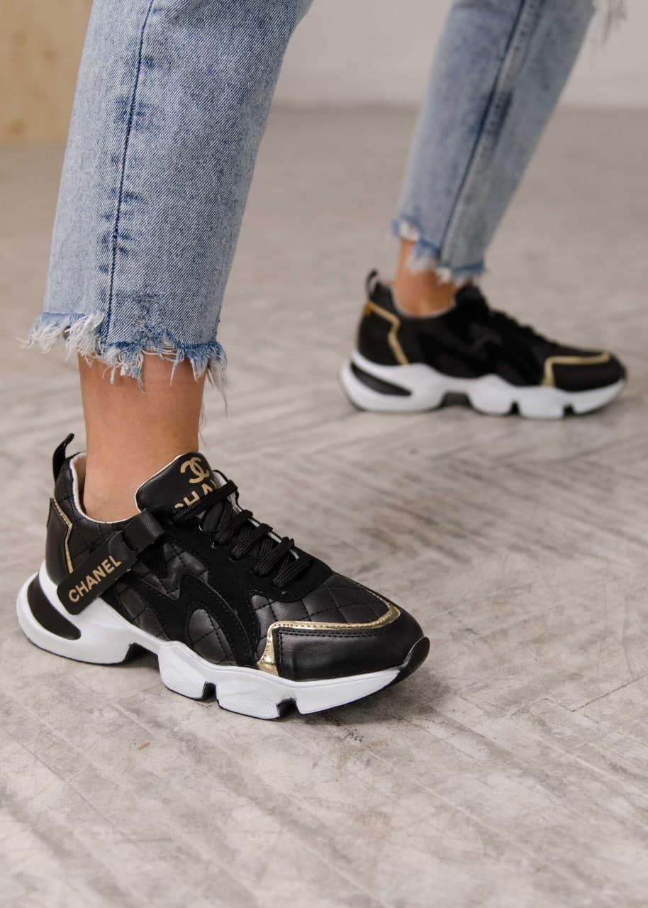 Chanel Sneakers Black White Gold