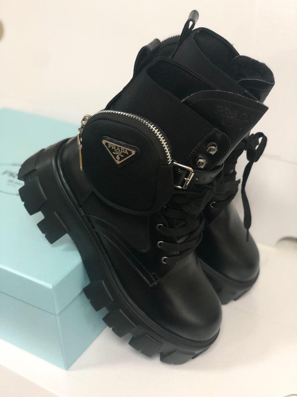 Prada Leather Boots Nylon Pouch Black 3