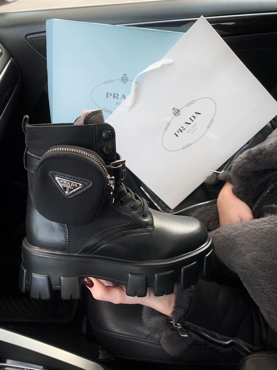 Prada Leather Boots Nylon Pouch Black 3