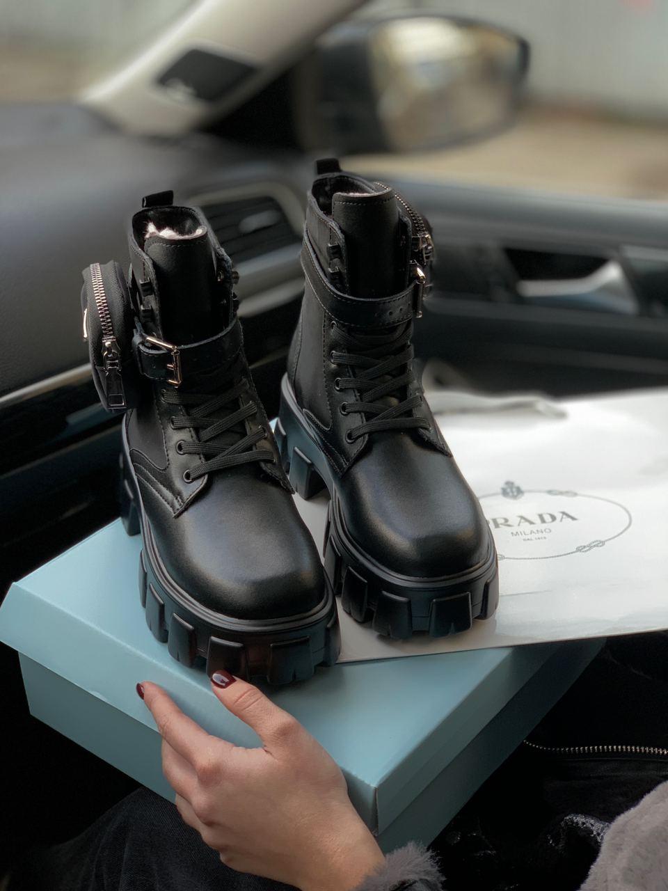 Prada Leather Boots Nylon Pouch Black 3