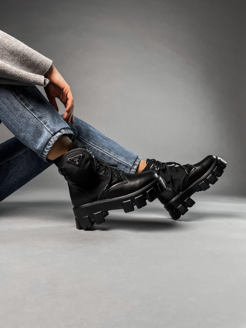 Prada Leather Boots Nylon Pouch Black 3