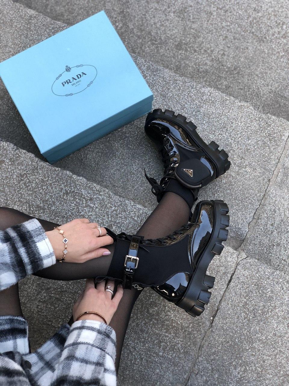 Prada Leather Boots Nylon Pouch Black 4