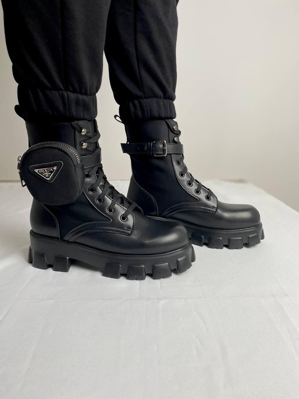 Prada Leather Boots Nylon Pouch Black 5