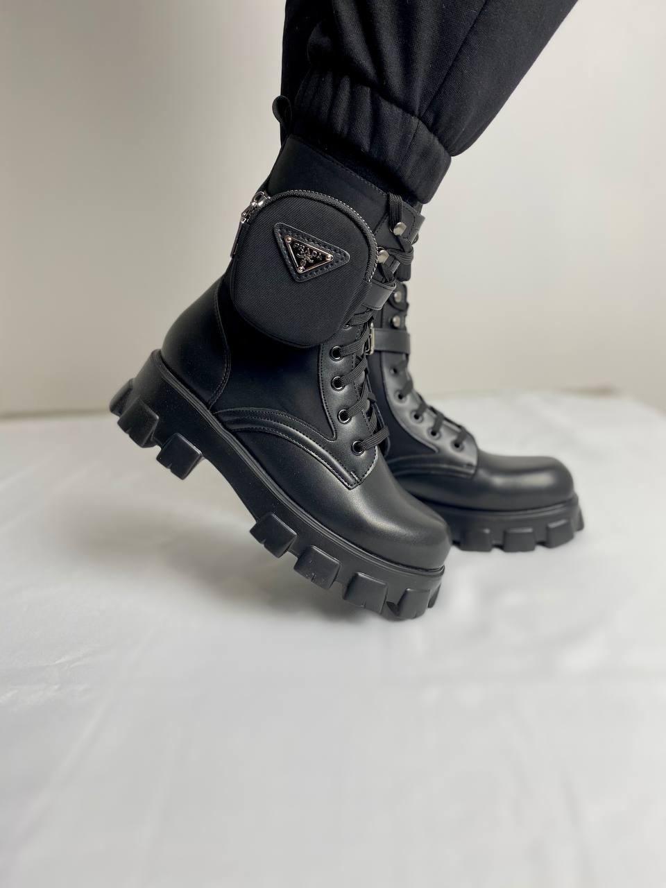 Prada Leather Boots Nylon Pouch Black 5
