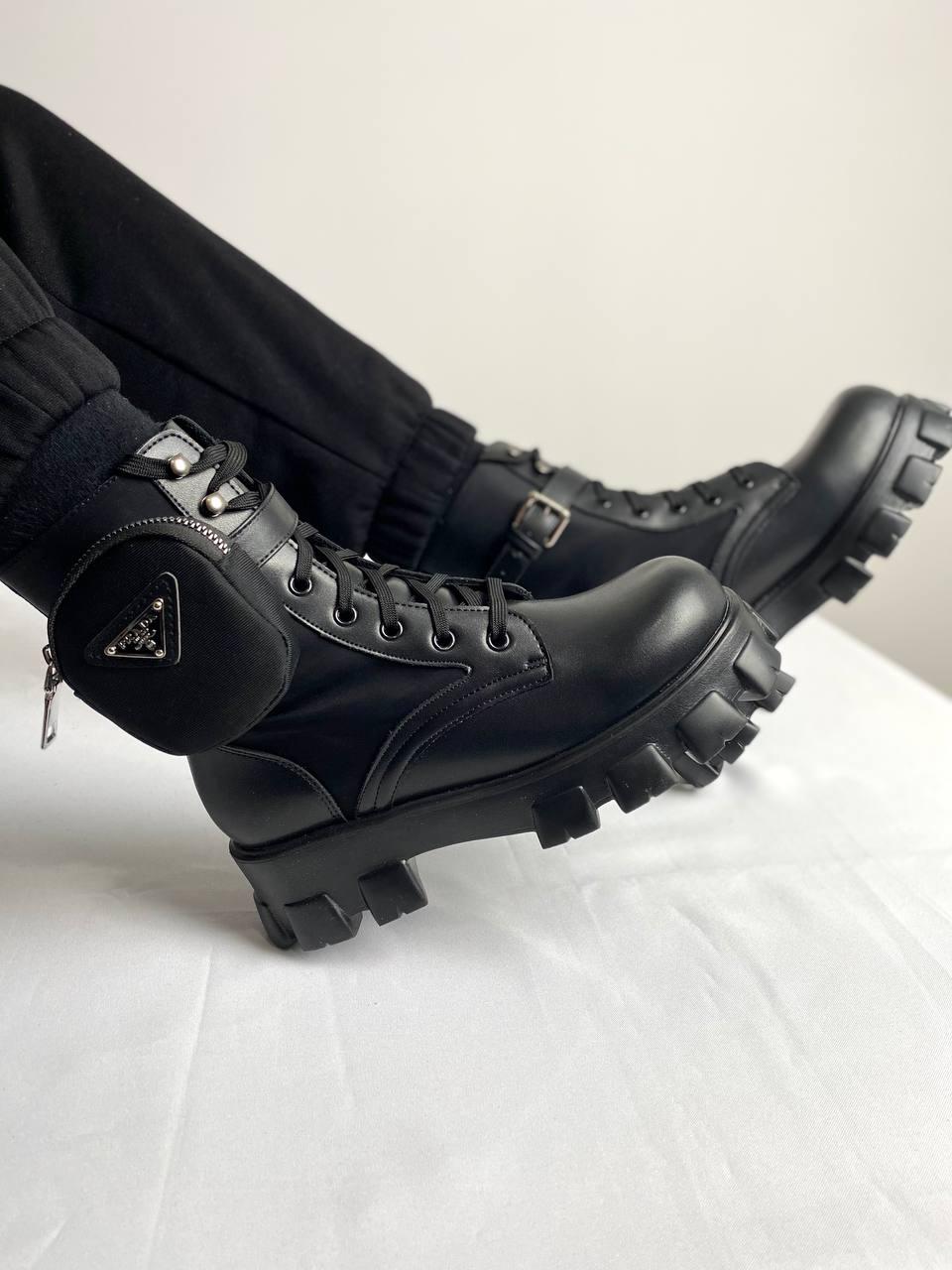 Prada Leather Boots Nylon Pouch Black 5