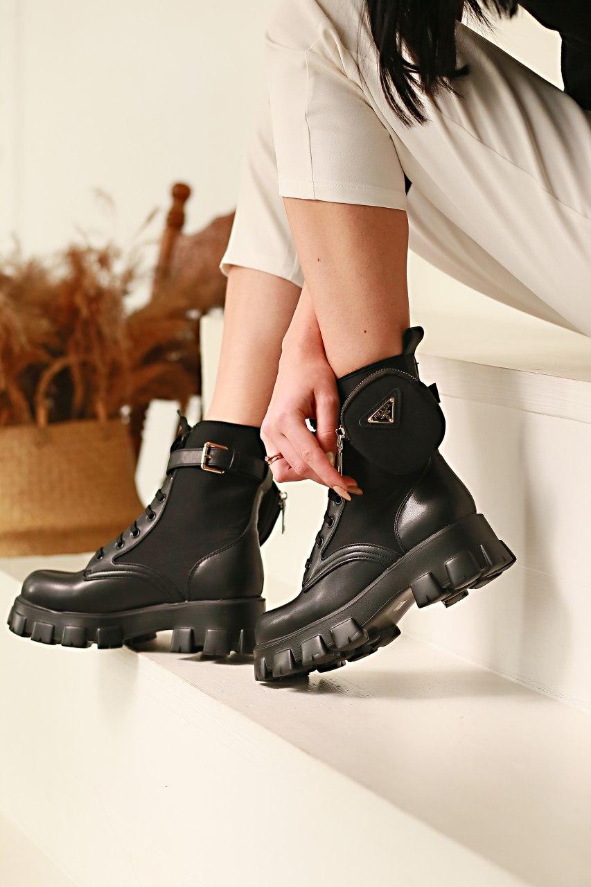 Prada Leather Boots Nylon Pouch Black 5