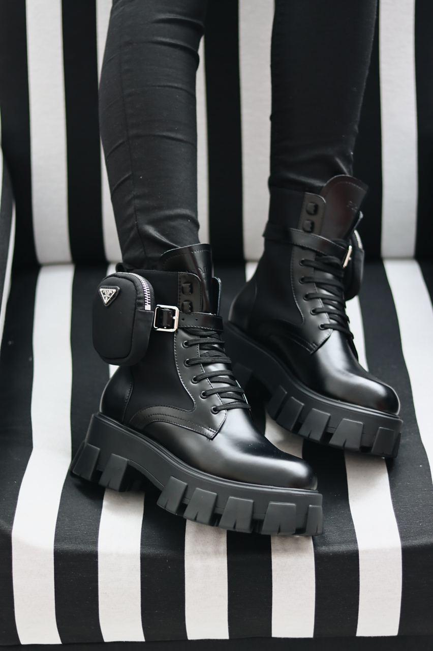 Prada Leather Boots Nylon Pouch Black 5