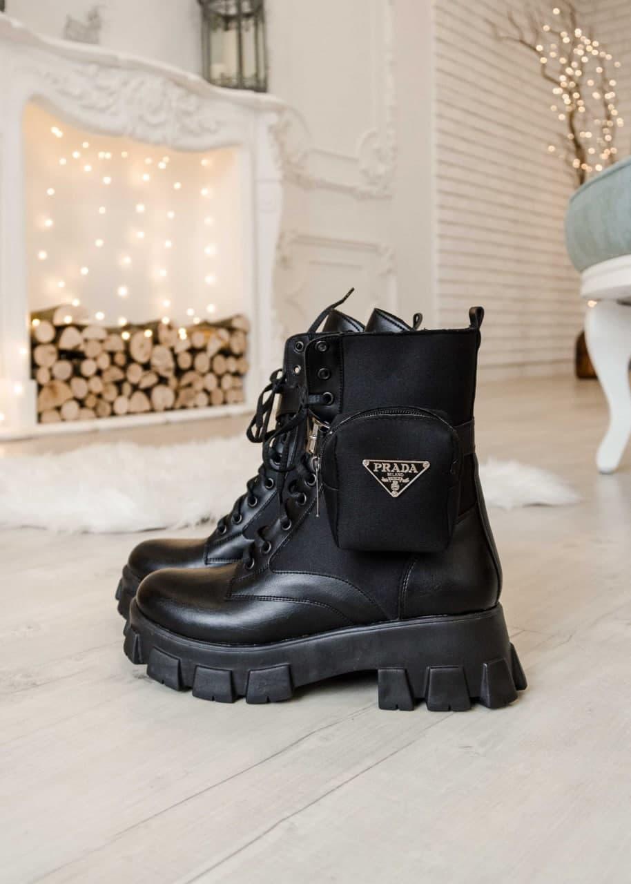 Prada Leather Boots Nylon Pouch Black