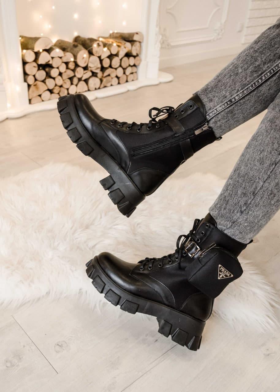 Prada Leather Boots Nylon Pouch Black