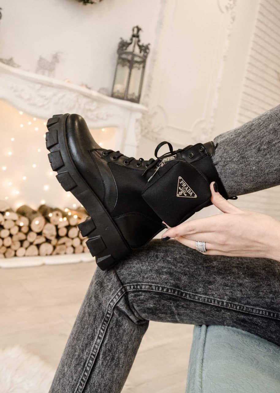 Prada Leather Boots Nylon Pouch Black