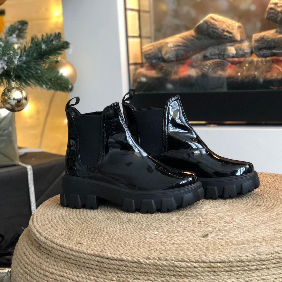 Prada Patent Leather Beatle Boots Fur Black