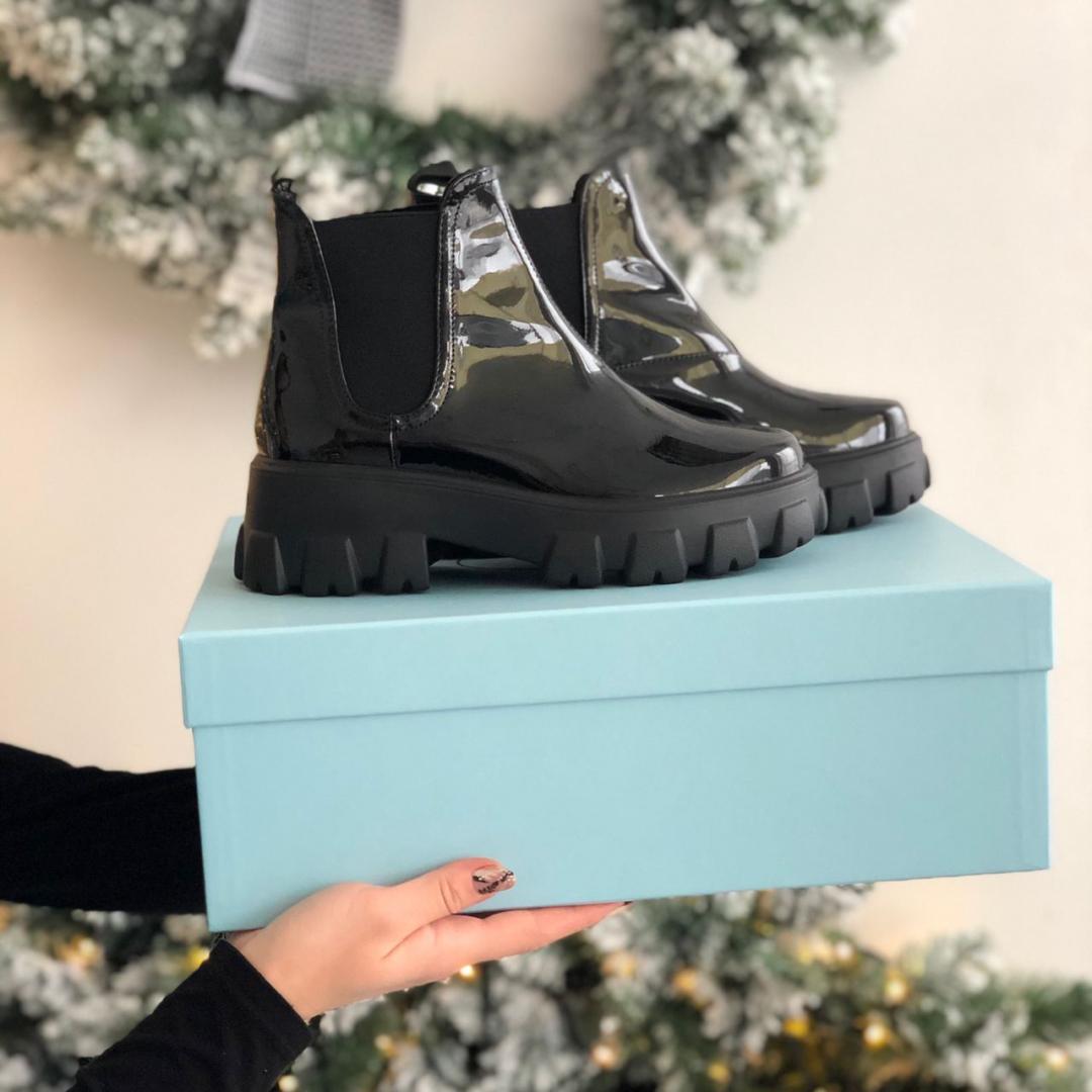 Prada Patent Leather Beatle Boots Fur Black
