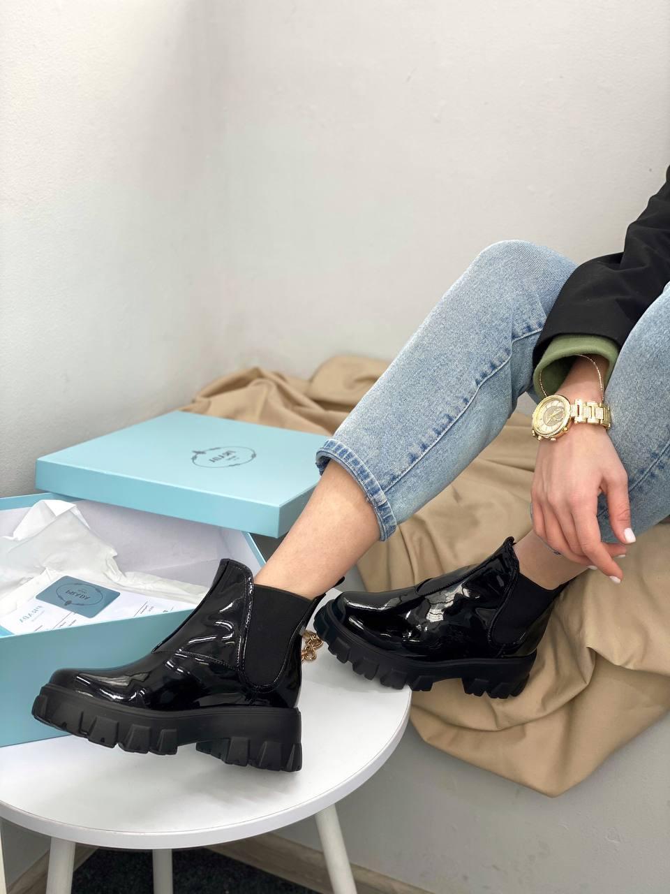 Prada Patent Leather Beatle Boots Fur Black