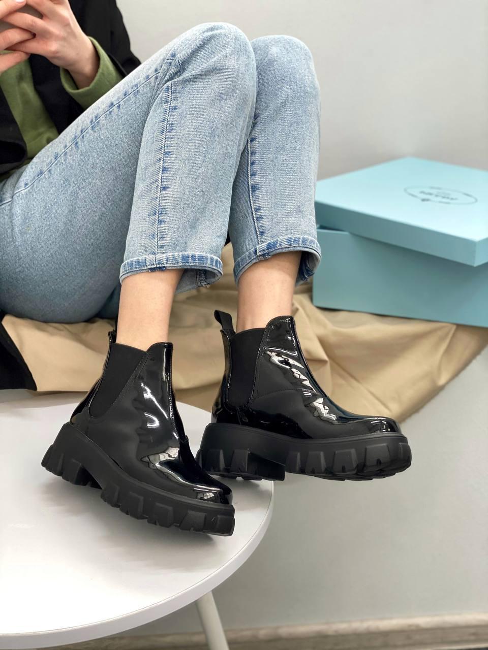 Prada Patent Leather Beatle Boots Fur Black