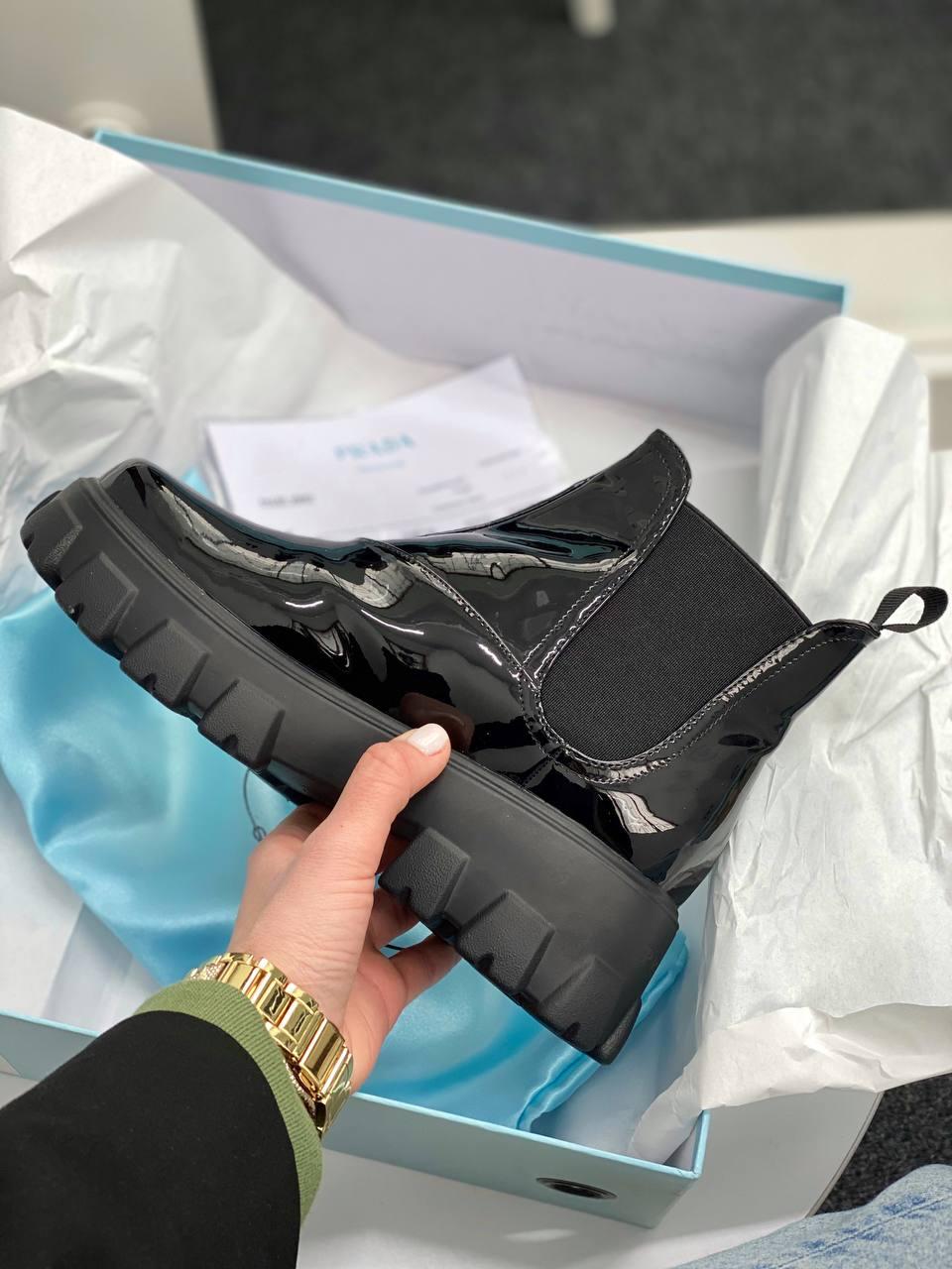 Prada Patent Leather Beatle Boots Fur Black
