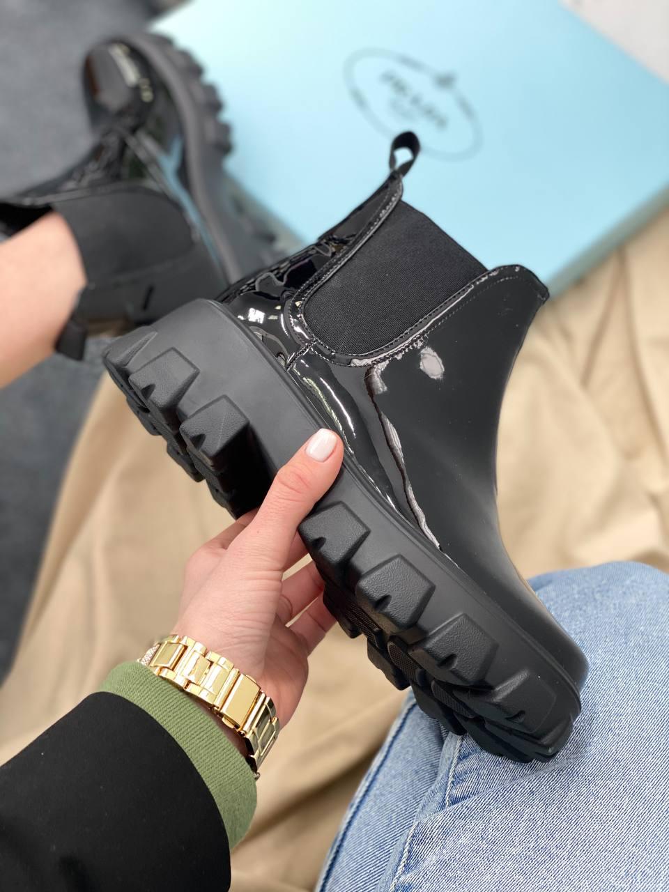 Prada Patent Leather Beatle Boots Fur Black