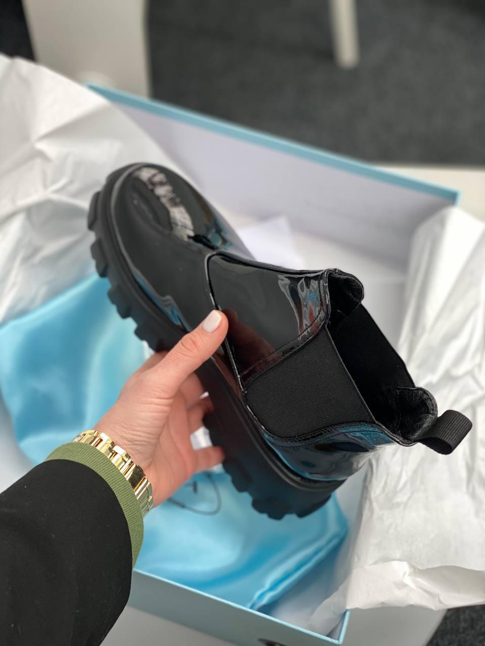 Prada Patent Leather Beatle Boots Fur Black