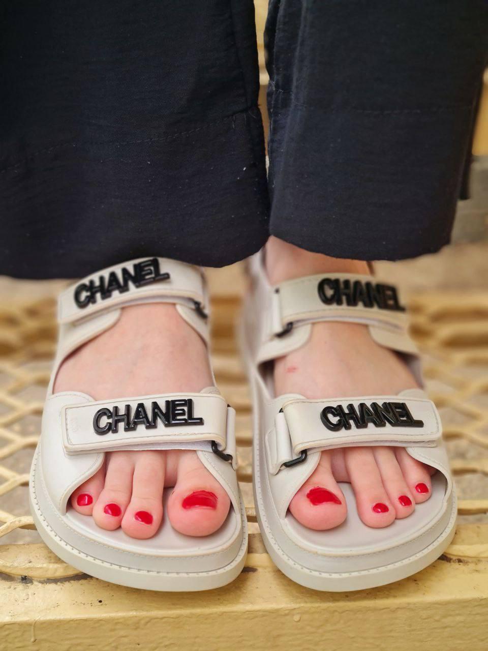Chanel Sandals Light Grey Black Logo