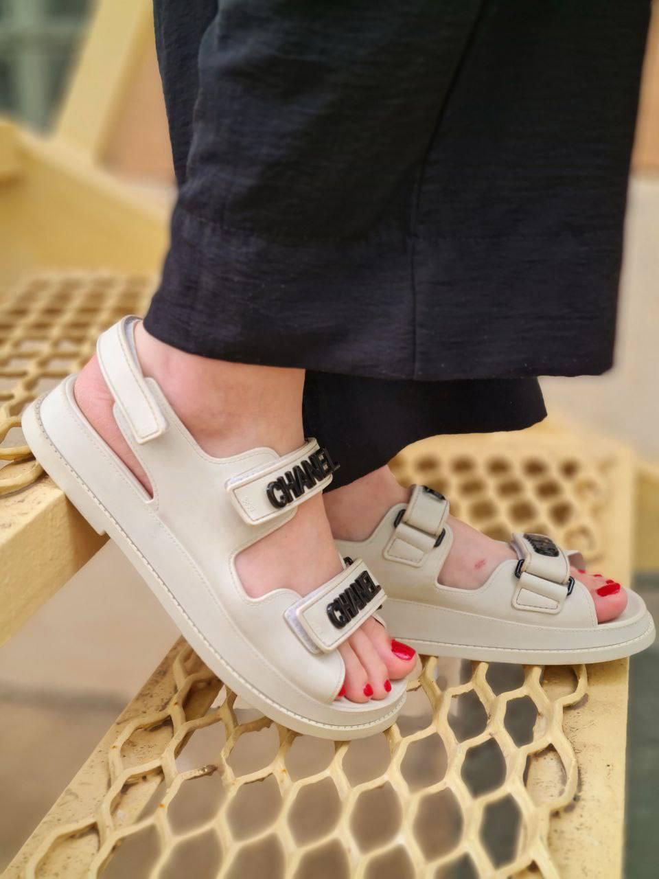 Chanel Sandals Light Grey Black Logo