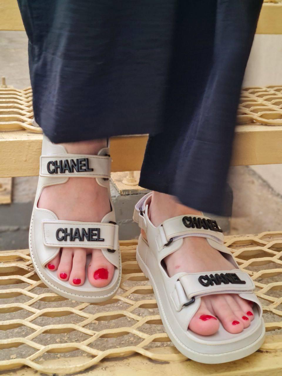 Chanel Sandals Light Grey Black Logo