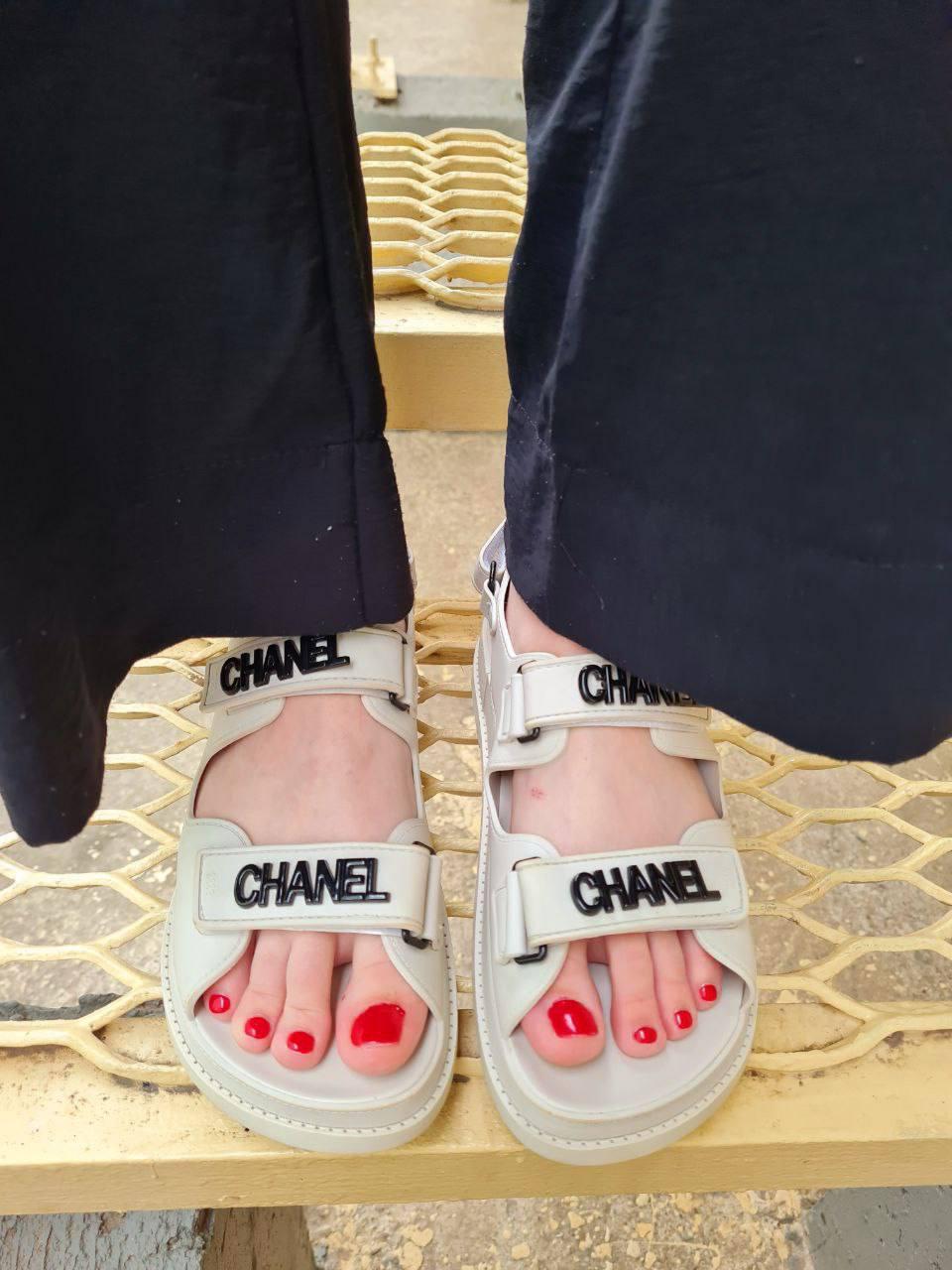 Chanel Sandals Light Grey Black Logo