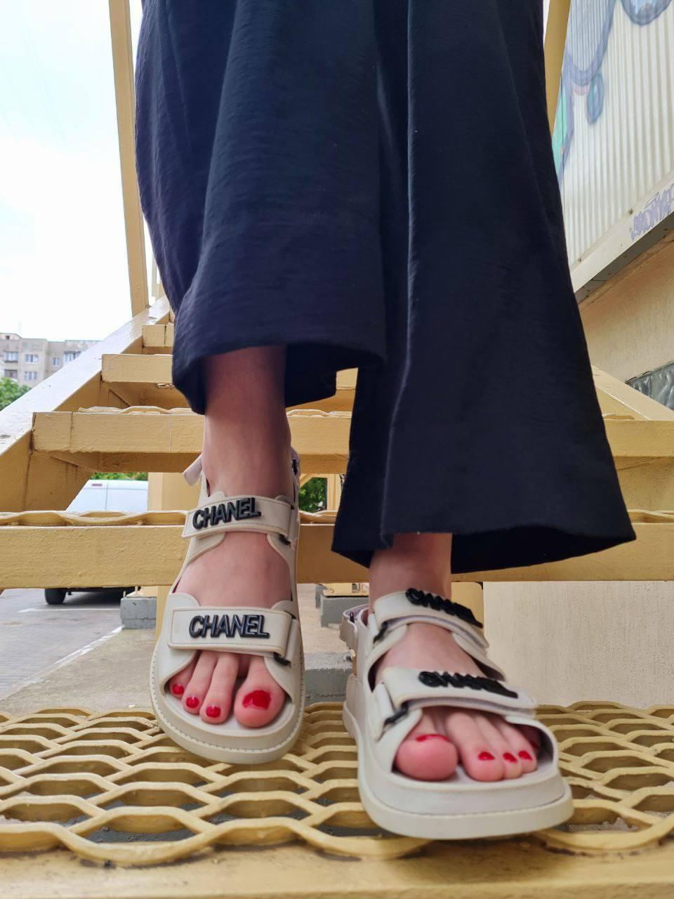 Chanel Sandals Light Grey Black Logo