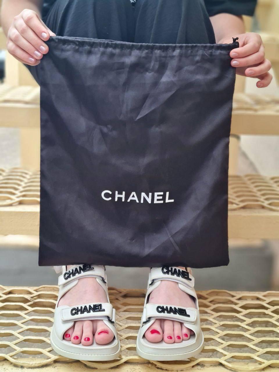 Chanel Sandals Light Grey Black Logo
