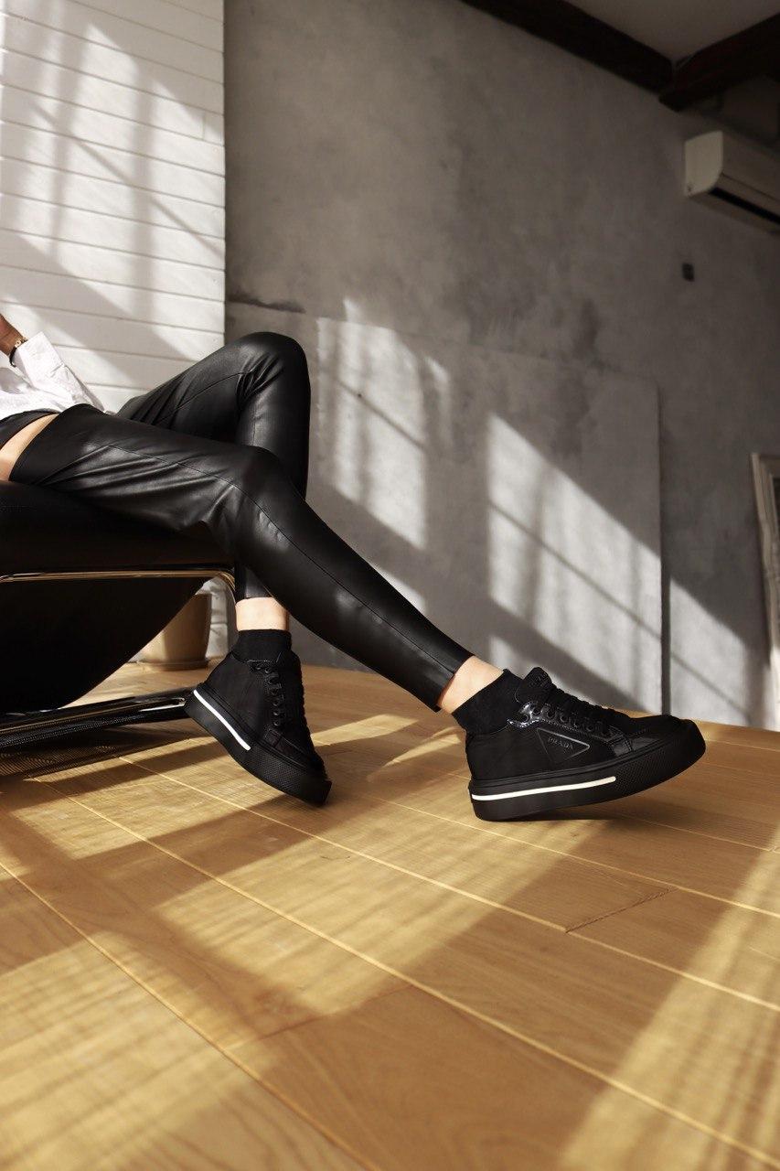 Prada Macro Re-Nylon Brushed Leather Sneakers Black
