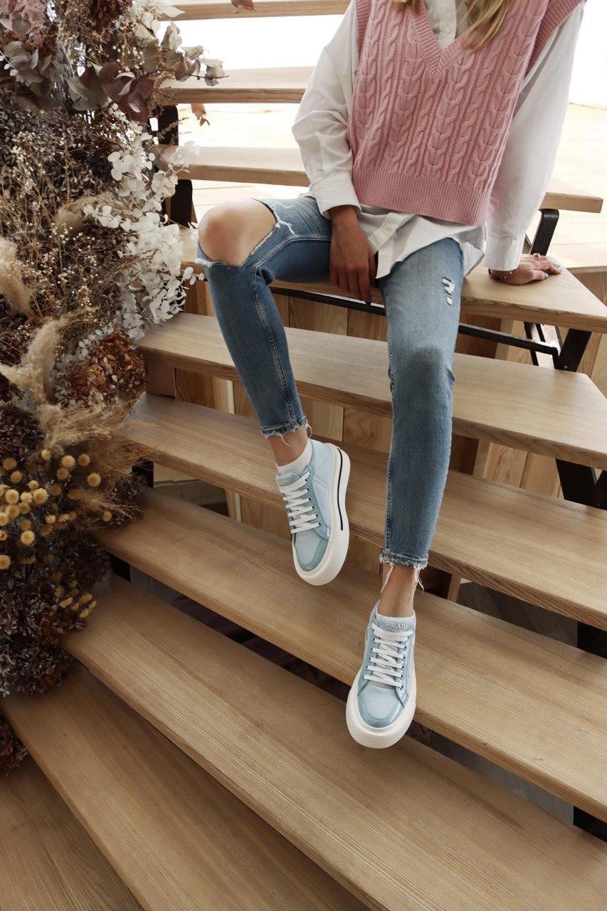 Prada Macro Re-Nylon Brushed Leather Sneakers Blue