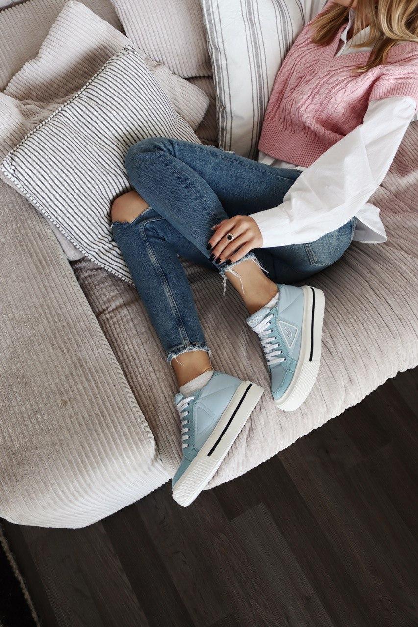 Prada Macro Re-Nylon Brushed Leather Sneakers Blue