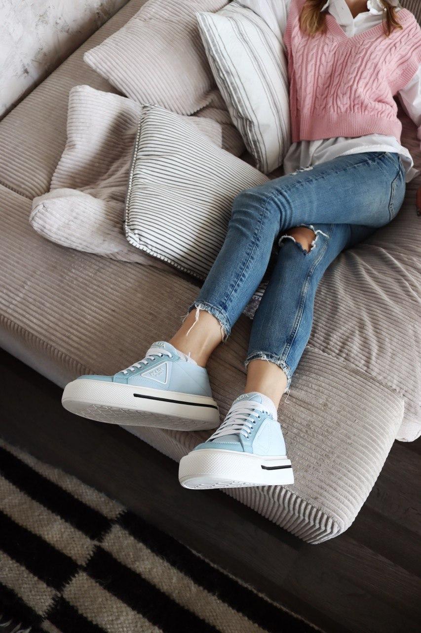 Prada Macro Re-Nylon Brushed Leather Sneakers Blue