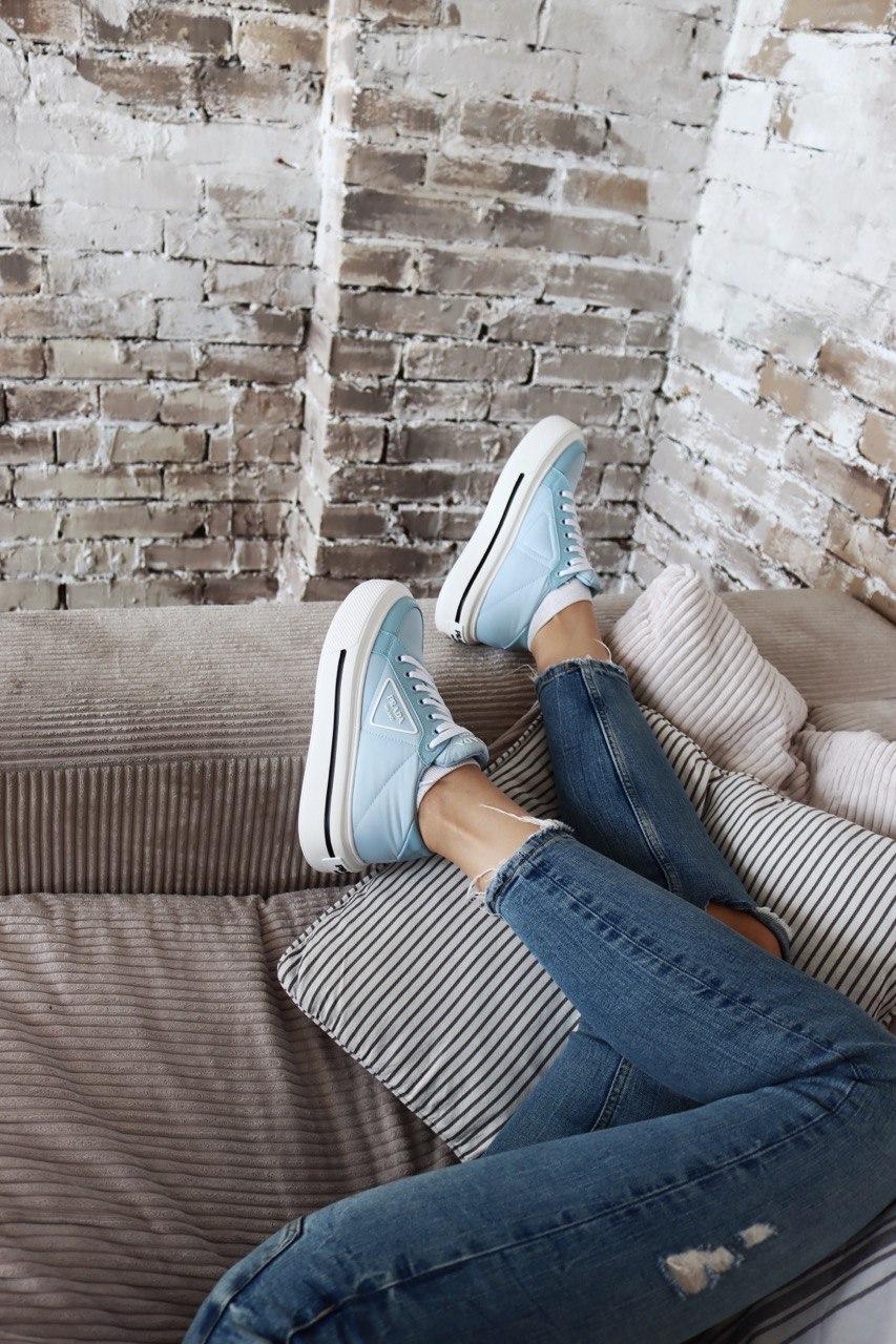 Prada Macro Re-Nylon Brushed Leather Sneakers Blue