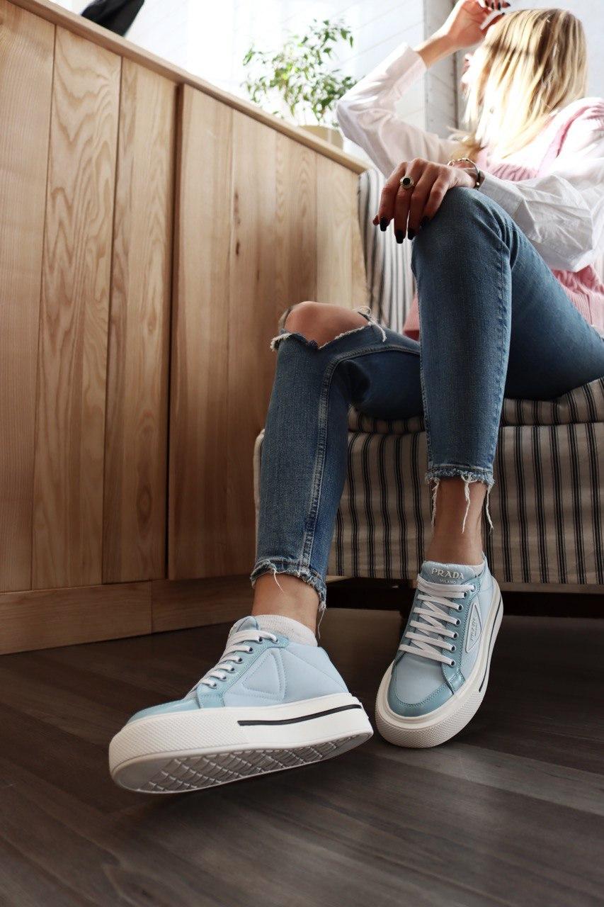 Prada Macro Re-Nylon Brushed Leather Sneakers Blue