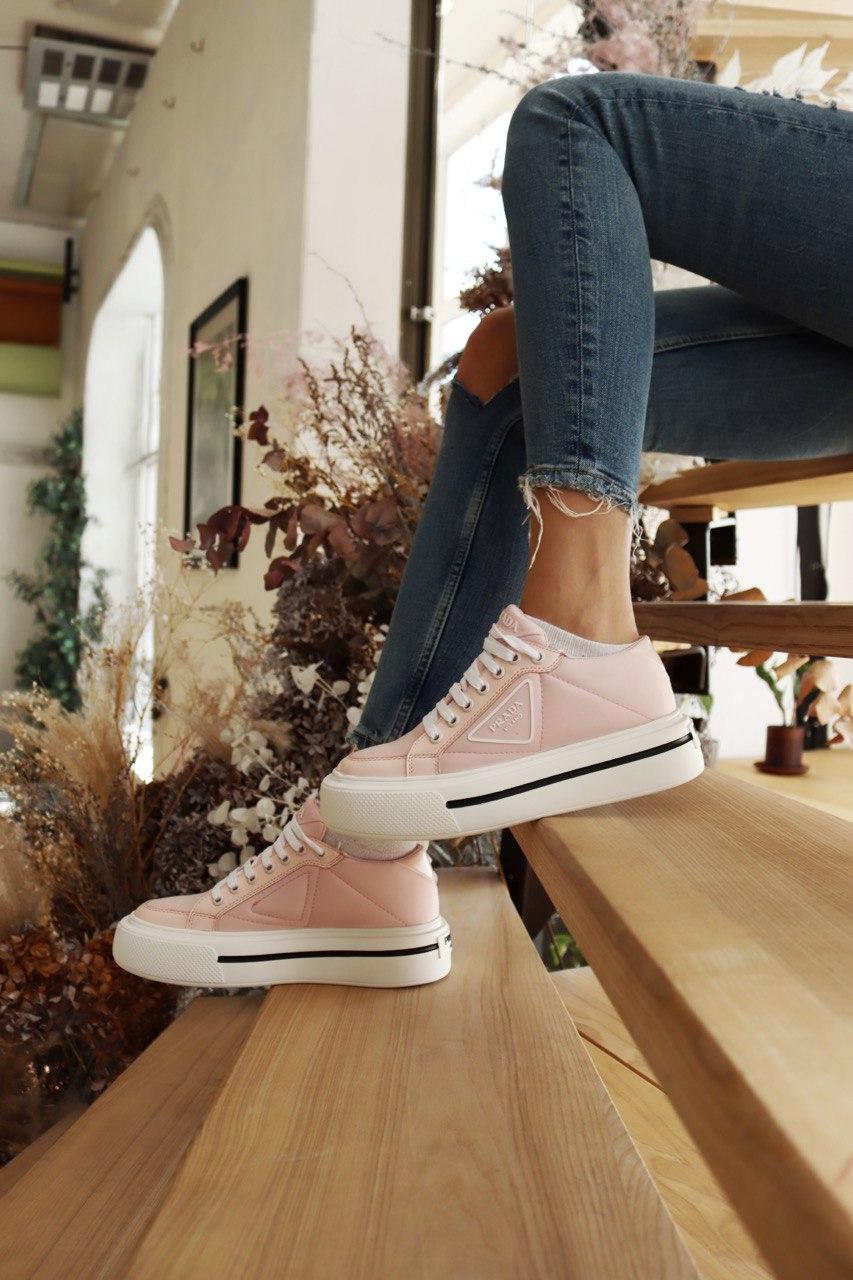 Prada Macro Re-Nylon Brushed Leather Sneakers Pink