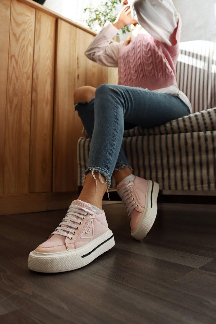 Prada Macro Re-Nylon Brushed Leather Sneakers Pink