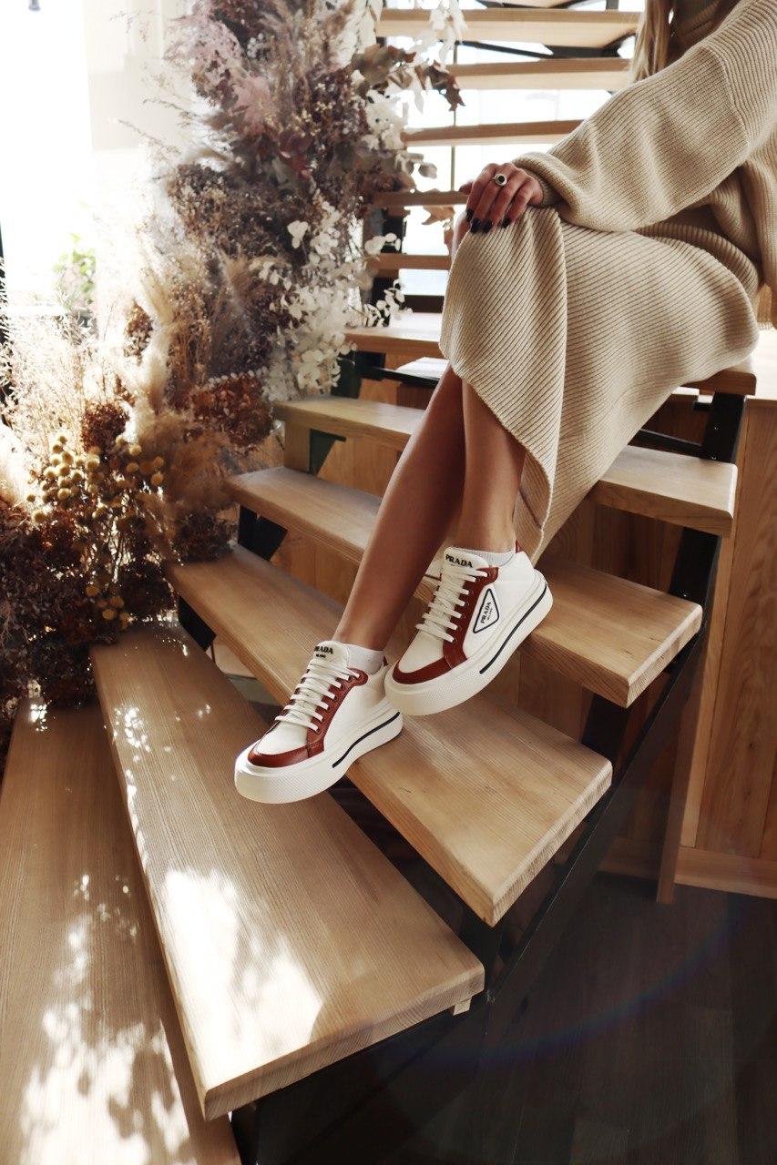 Prada Macro Re-Nylon Brushed Leather Sneakers Brown