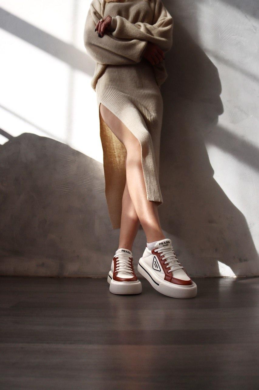 Prada Macro Re-Nylon Brushed Leather Sneakers Brown